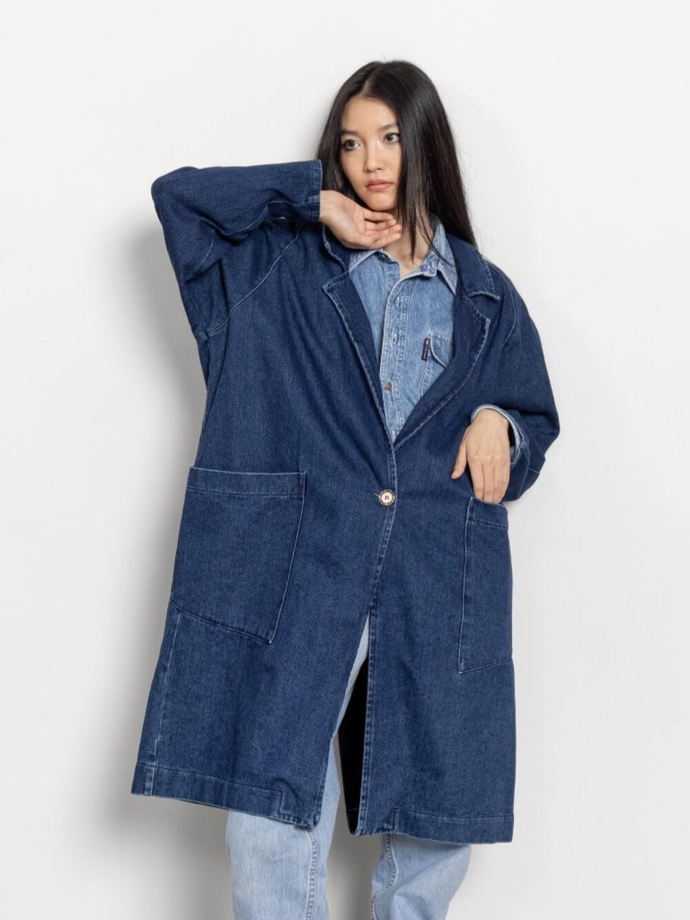 DENIM TRENCH COAT jean jacket oversize maxi Dark Wash vintage Coat / Medium